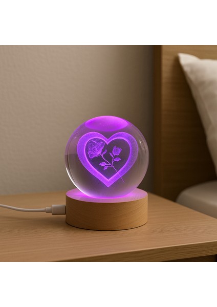 Kalp ve Gül Figürlü LED Işıklı USB Bağlantılı Renk Değiştiren 3D Cam Küre Gece Lambası