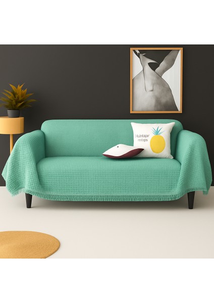 Pamuklu Dokulu Ekru Koltuk Şalı 170X220 cm – Saçaklı Tv Battaniyesi & Dekoratif Koltuk Örtüsü