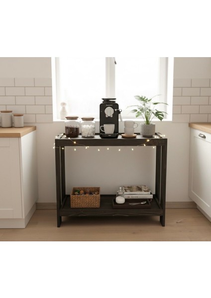 2 Katlı Doğal Ahşap Çok Amaclı Masif Kahve Standı Ceviz