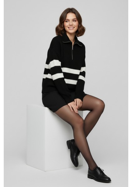 Kadın Siyah Çizgili Fermuarlı Yaka Triko Kazak Bol Kesim Şerit Detaylı fırsatları