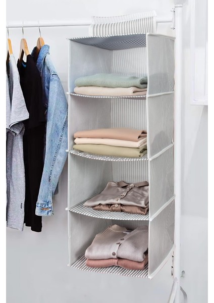 Gardırop Içi Askılı Kumaş Organizer - 4 Katlı Raf Düzenleyici Demire Sabitlenebilir (Gri Renk)
