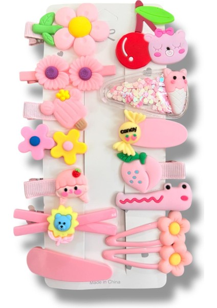 Çiçek Konseptli Pembe Renk Çocuk Set Toka 14 Adet