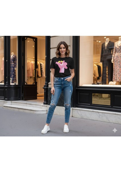A Kalite Pembe Panter Baskılı Oversize Tshirt