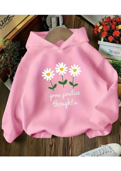 Punıx Kıds Kapüşonlu Grow Positive Thoughts Baskılı Kışlık Kalın Kız Çocuk Sweatshırt