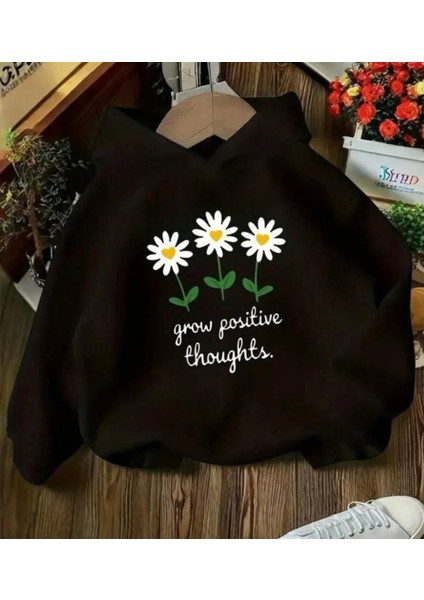 Punıx Kıds Kapüşonlu Grow Positive Thoughts Baskılı Kışlık Kalın Kız Çocuk Sweatshırt