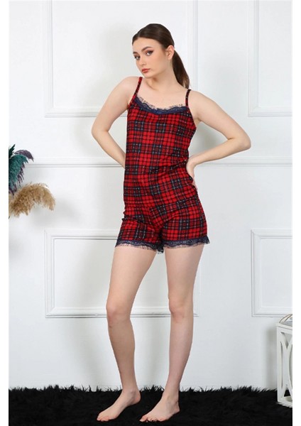 - Kadın Ip Askılı Ekoseli Şortlu Takım Kırmızı