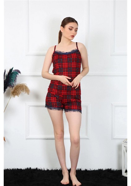 - Kadın Ip Askılı Ekoseli Şortlu Takım Kırmızı modelleri