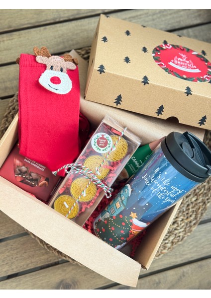 Candle Bee Design Özel Tasarım Yılbaşı Hediye Kutusu - Termos, Çikolata, Yılbaşı Çorabı, Kahve, Mum