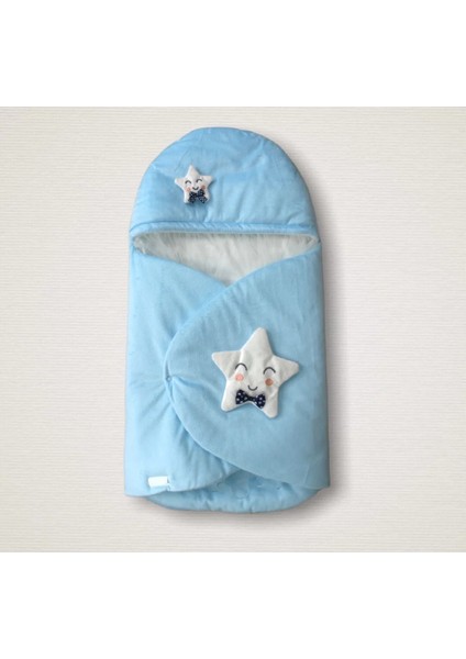 Yenidoğan Çift Yıldız Detaylı Şapkalı Duvaklı Erkek Bebek Klasik Kundak Bebek Battaniyesi Mavi