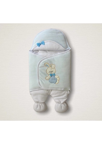 Yenidoğan Kadife Kumaş Ayıcık Nakışlı Şapkalı Kız Erkek Bebek Ayaklı Kundak Bebek Battaniyesi Mavi