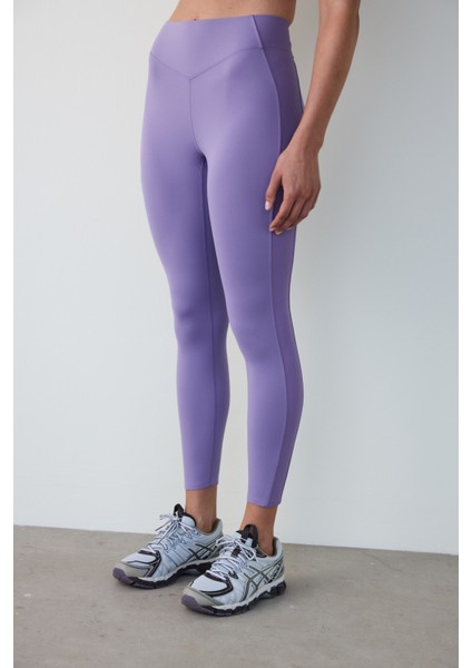 Lila Mor Hafif Destek Yanları Fitilli Yüksek Bel Tayt