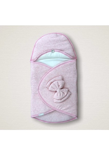 Yenidoğan Düğme Detaylı Çizgi Efektli Çift Fiyonk Klasik Kundak Bebek Battaniyesi Pembe