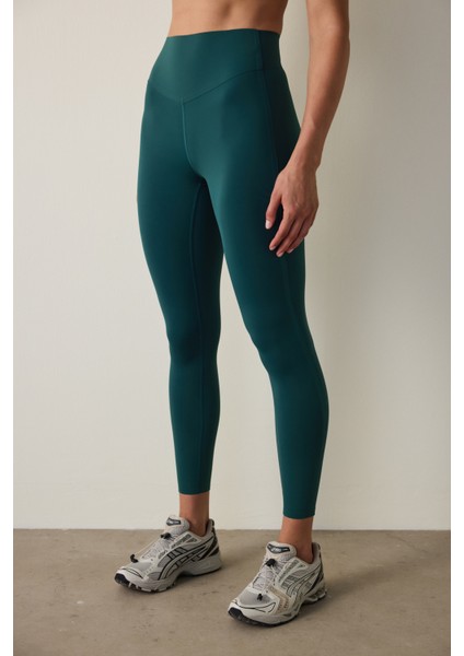 Koyu Yeşil Orta Destek Cepli Yüksek Bel Tayt