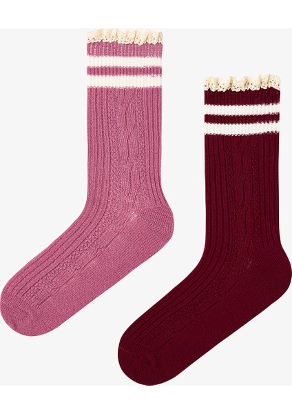 2 Çift Pamuklu Bilek Kısmı Şeritli Dantel Fırfırlı Soket Çorap