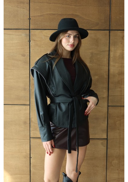 Kadın Siyah Kuşaklı Tasarım Deri Ceket modelleri