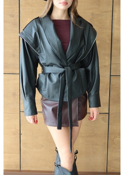 Kadın Siyah Kuşaklı Tasarım Deri Ceket fırsatları