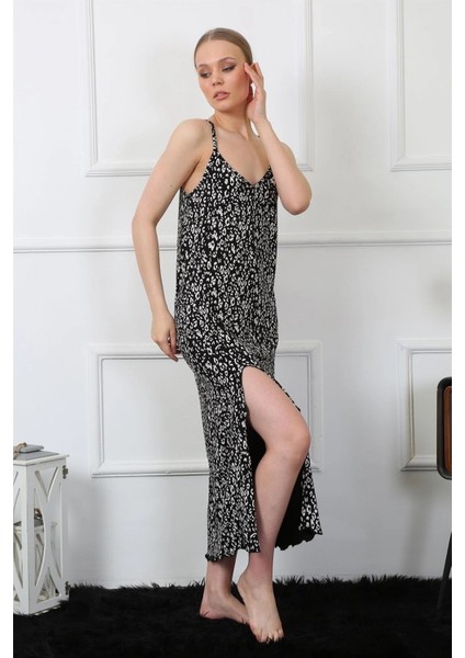 - Kadın Ip Askılı Uzun Gecelik Siyah