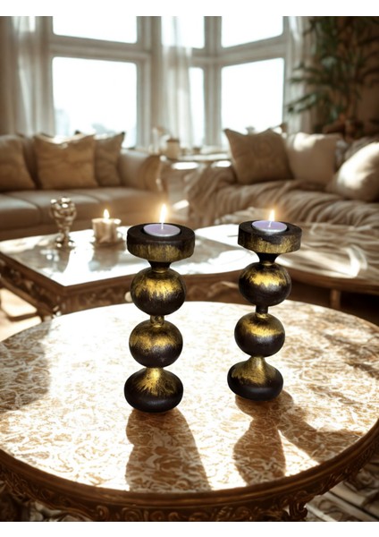 Gold Detaylı Ahşap Kahverengi Dekoratif Şamdan Çiftli Set