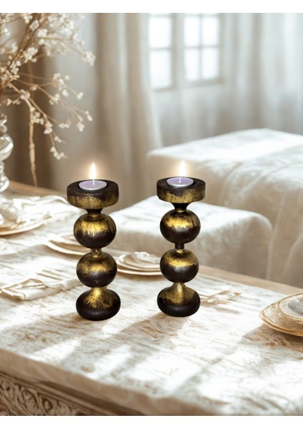 Gold Detaylı Ahşap Kahverengi Dekoratif Şamdan Çiftli Set fiyatları