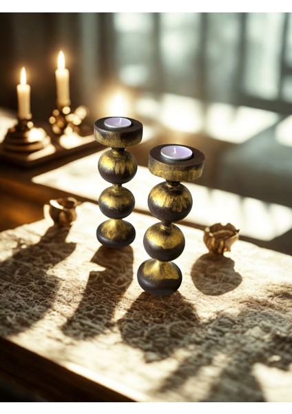 Gold Detaylı Ahşap Kahverengi Dekoratif Şamdan Çiftli Set modelleri