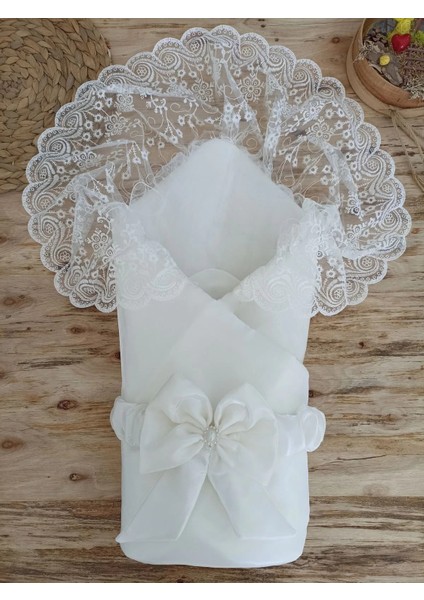 Yenidoğan Kumru İnci Fiyonk Kristal Parlak Duvaklı Kundak Bebek Battaniyesi Ekru