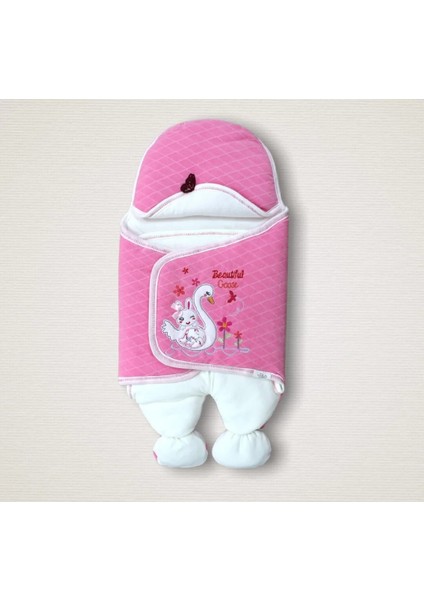 Yenidoğan Çiçekli Ördek Nakışlı Şapkalı Kız Bebek Ayaklı Kundak Bebek Battaniyesi Pembe