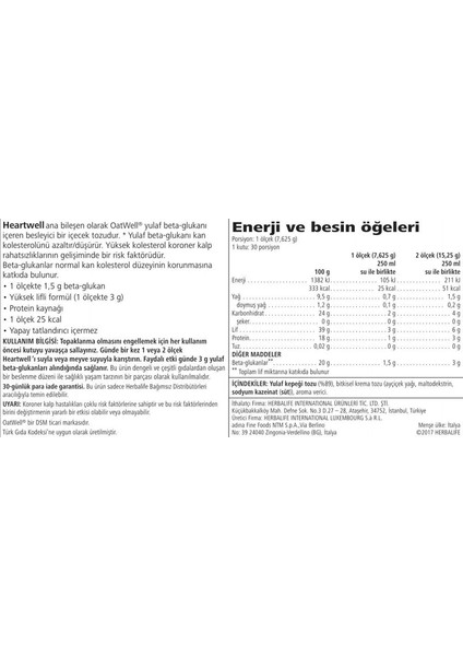 Herbalıfe Heartwell Yulaf Beta Glukanı Içeren Toz Karışımı Vanilya Aromalı fiyatları