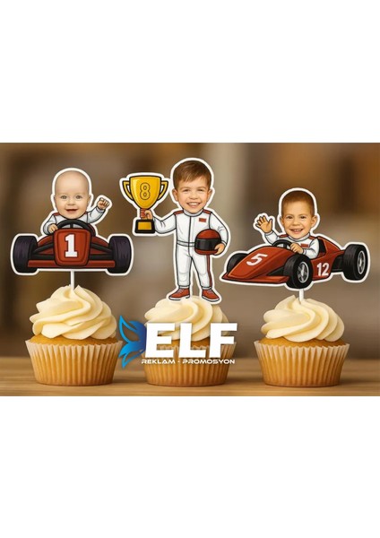 Kişiye Özel Yarış Arabalı Cupcake Süsü Kürdan Süs ( 10 Adet )