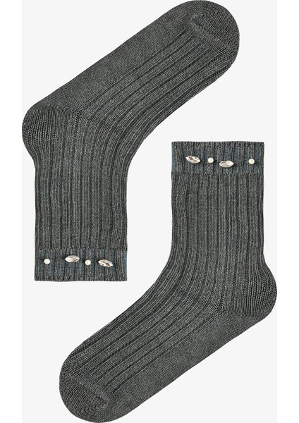 İnci ve Taş Detaylı Kalın Soket Çorap