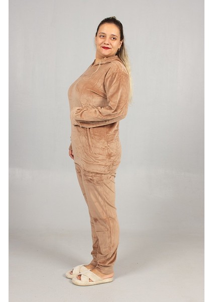 Büyük Beden Premium Kadife Kapüşonlu Camel Takım Lüks, Konforlu ve Şık Eşofman Takımı indirimleri