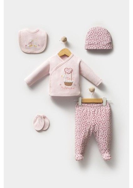 %100 Pamuk Sevimli Sepetteki Ördek Desenli 5 Parça Yenidoğan Hastane Çıkışı Zıbın Seti BBTF.APMB.20219.29