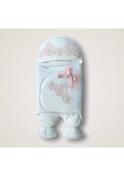 Yenidoğan Fistolu Fiyonk Kurdelalı Şapkalı Lüks Kız Erkek Bebek Ayaklı Kundak Bebek Battaniyesi Pembe