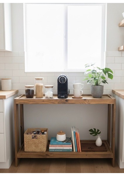 2 Katlı Doğal Ahşap Çok Amaclı Masif Kahve Standı Koyu Meşe