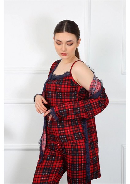 - Kadın 3'lü Ekoseli Sabahlık Takım Kırmızı