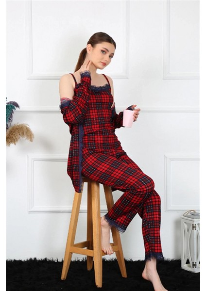 - Kadın 3'lü Ekoseli Sabahlık Takım Kırmızı fırsatları