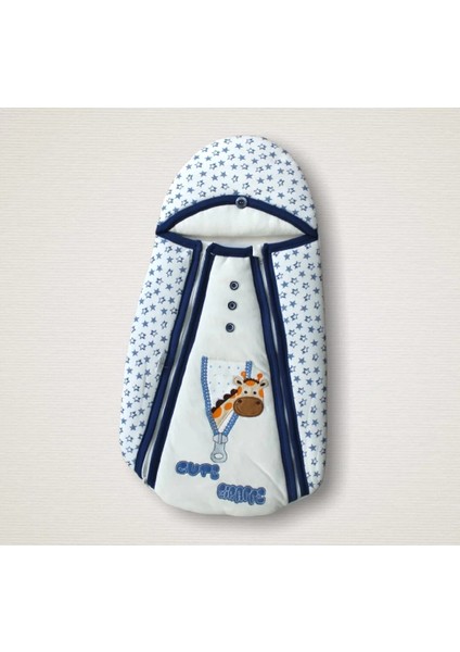 Yenidoğan Zürafa Nakışlı Çift Fermuarlı Erkek Kundak Bebek Battaniyesi Mavi