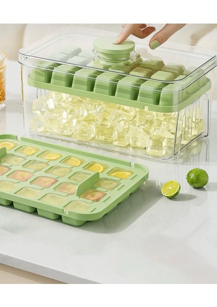 Otomatik Basmalı 56 Hazneli Kapaklı Buz Kalıbı Çift Bölmeli Buz Kalıbı