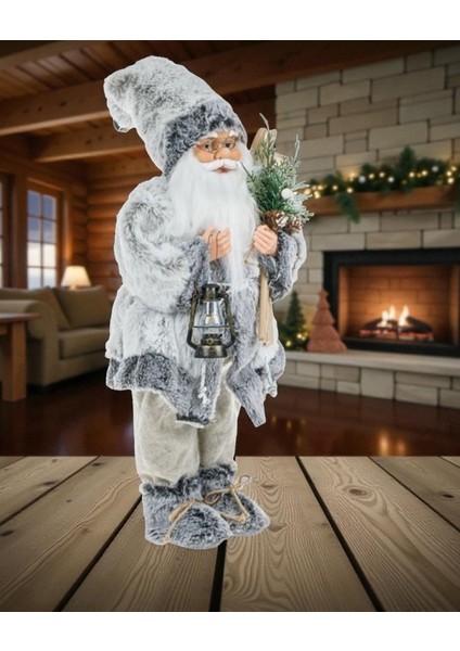 Yılbaşı Noel Baba BÜYÜK BOY Oyuncak Yeni 2026 24X18X45CM Gri El Fenerli Çiçek Gri