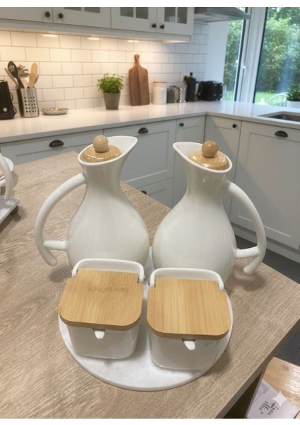 Yuvarlak Mermer Stantlı Porselen 2'li Yağlık & Porselen 2'li Tuzluk Mutfak Seti fiyatları