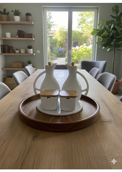 Yuvarlak Mermer Stantlı Porselen 2'li Yağlık & Porselen 2'li Tuzluk Mutfak Seti modelleri