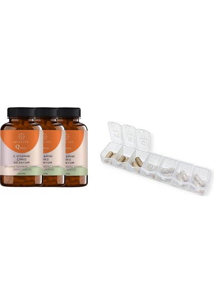 3 Lü Qualiss Q More Bağışıklık Destek Takviyesi | C Vitamini + Çinko + Selenyum + Propolis + Beta Glukan + Probiyotik | 3*60 Kapsül + Haftalık Vitamin Hap Kutusu (Set)