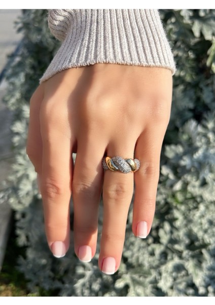 Özel Seri Çift Renk Burgu Desen Ayarlanabilir Zirkon Taşlı Yüzük
