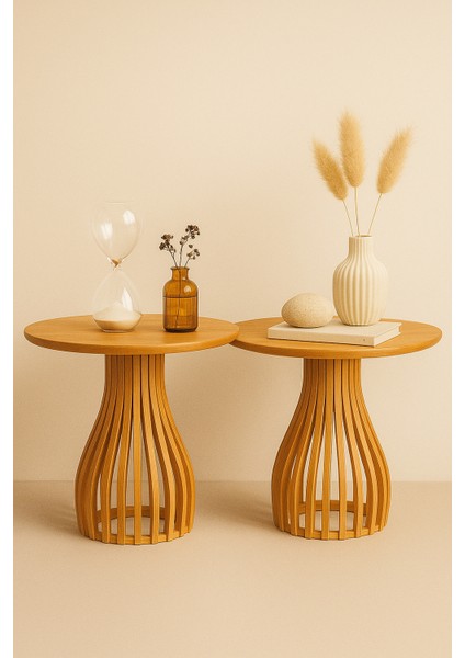 Palermo Duo Yuvarlak Modern Rustik Klasik Iskandinav Retro Vintage Dekoratif Ahşap Çıtalı Yan Orta Mantar 2li Ikili 2'li Sehpa