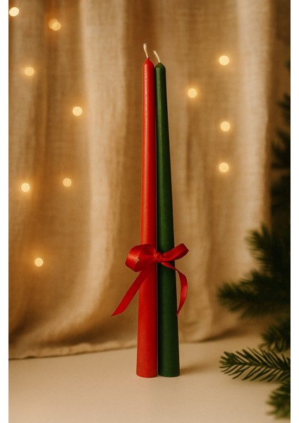 Yılbaşı Dekorasyonu Kırmızı Yeşil Ince Uzun Şamdan Mumu (2'li)
