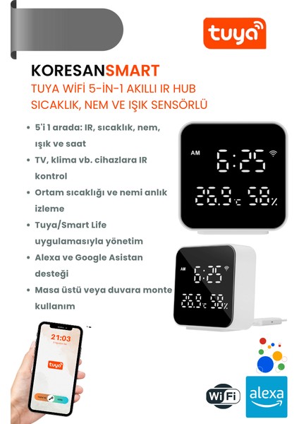 Tuya Wifi 5-In-1 Akıllı Ir Hub – Sıcaklık, Nem ve Işık Sensörlü