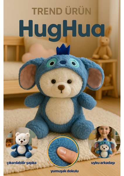 Hughua Sevimli Teddy Bear - Yumuşak Dokulu Hediyelik Ayıcık - Çıkarılabilir Stitch Şapkası ile