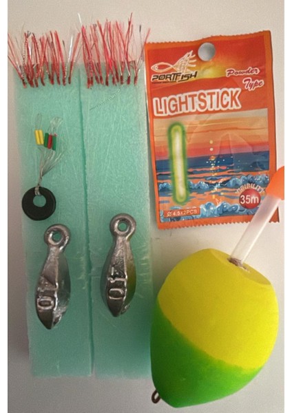 Gece Istavrit Avı Full Çapari Seti - Kırmızı Tüylü 10 Iğne Işıklı Paket (2 Çapari, Kurşun, Şamandıra, Stoper, Lightstick)