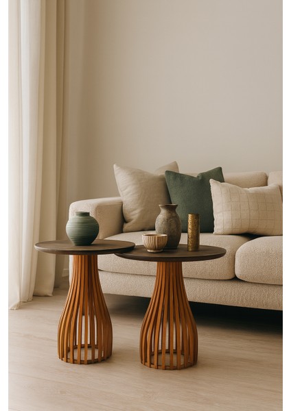 Palermo Duo Yuvarlak Modern Rustik Klasik Iskandinav Retro Vintage Dekoratif Ahşap Çıtalı Yan Orta Mantar 2li Ikili 2'li Sehpa