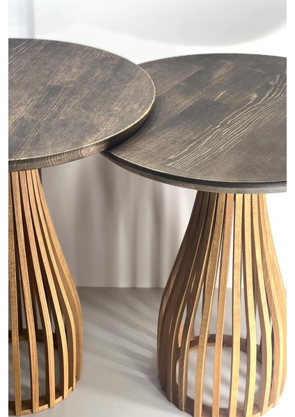 Palermo Duo Yuvarlak Modern Rustik Klasik Iskandinav Retro Vintage Dekoratif Ahşap Çıtalı Yan Orta Mantar 2li Ikili 2'li Sehpa modelleri