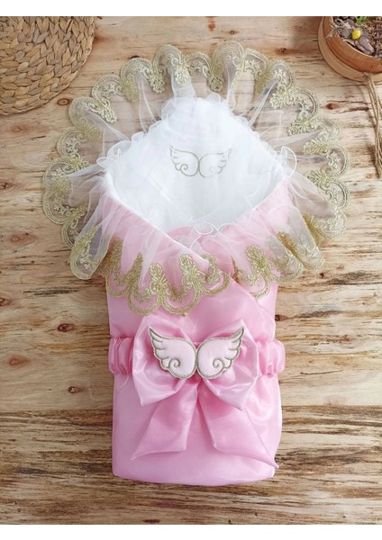 Yenidoğan Shine Kumru Melek Kanat Fiyonklu Gold Dantel Duvaklı Delüks Kundak Bebek Battaniyesi Pembe